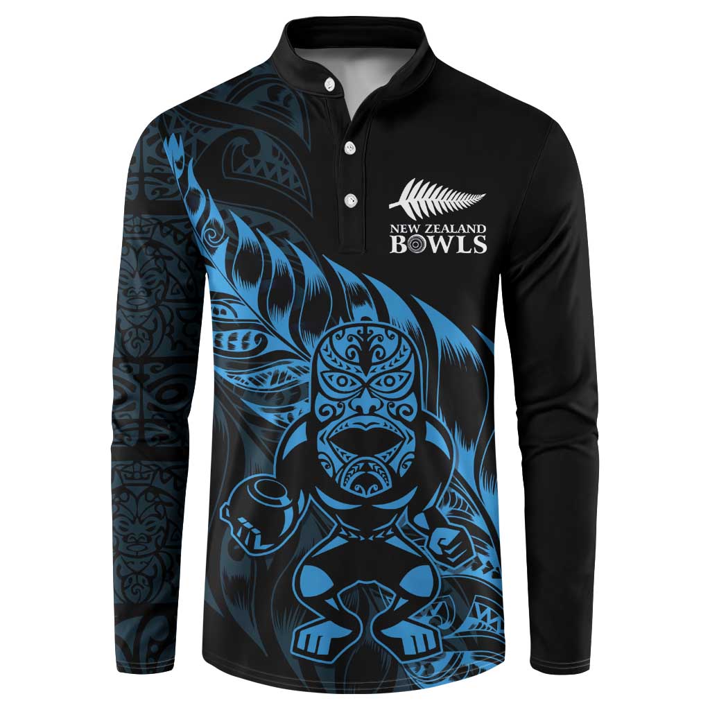 New Zealand Lawn Bowls Custom Button Sweatshirt Blue Maori Warrior Tribal Silver Fern - Polynesian Pride