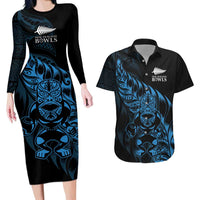 New Zealand Lawn Bowls Custom Couples Matching Long Sleeve Bodycon Dress and Hawaiian Shirt Blue Maori Warrior Tribal Silver Fern - Polynesian Pride
