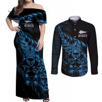 New Zealand Lawn Bowls Custom Couples Matching Off Shoulder Maxi Dress and Long Sleeve Button Shirt Blue Maori Warrior Tribal Silver Fern - Polynesian Pride