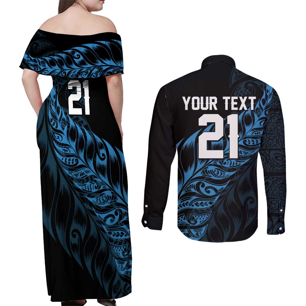 New Zealand Lawn Bowls Custom Couples Matching Off Shoulder Maxi Dress and Long Sleeve Button Shirt Blue Maori Warrior Tribal Silver Fern - Polynesian Pride