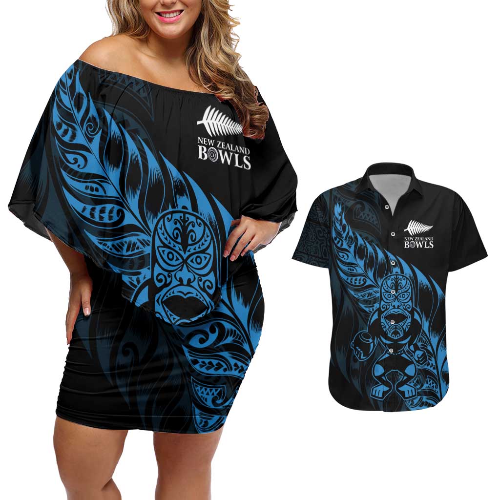 New Zealand Lawn Bowls Custom Couples Matching Off Shoulder Short Dress and Hawaiian Shirt Blue Maori Warrior Tribal Silver Fern - Polynesian Pride