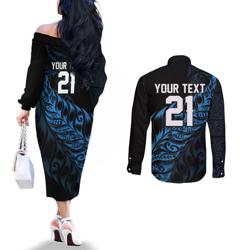 New Zealand Lawn Bowls Custom Couples Matching Off The Shoulder Long Sleeve Dress and Long Sleeve Button Shirt Blue Maori Warrior Tribal Silver Fern - Polynesian Pride