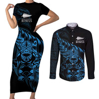 New Zealand Lawn Bowls Custom Couples Matching Short Sleeve Bodycon Dress and Long Sleeve Button Shirt Blue Maori Warrior Tribal Silver Fern - Polynesian Pride