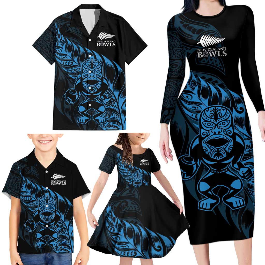 New Zealand Lawn Bowls Custom Family Matching Long Sleeve Bodycon Dress and Hawaiian Shirt Blue Maori Warrior Tribal Silver Fern - Polynesian Pride