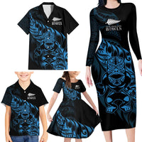 New Zealand Lawn Bowls Custom Family Matching Long Sleeve Bodycon Dress and Hawaiian Shirt Blue Maori Warrior Tribal Silver Fern - Polynesian Pride