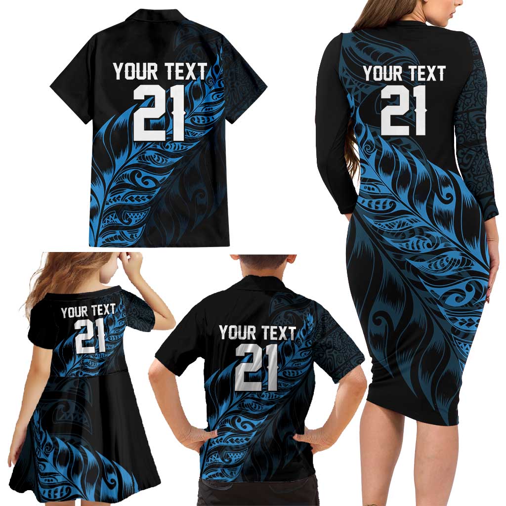 New Zealand Lawn Bowls Custom Family Matching Long Sleeve Bodycon Dress and Hawaiian Shirt Blue Maori Warrior Tribal Silver Fern - Polynesian Pride