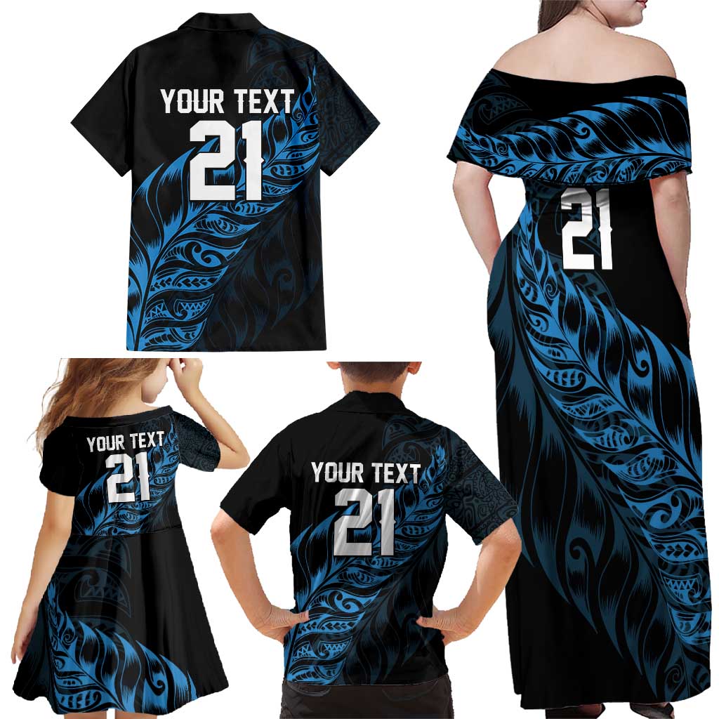 New Zealand Lawn Bowls Custom Family Matching Off Shoulder Maxi Dress and Hawaiian Shirt Blue Maori Warrior Tribal Silver Fern - Polynesian Pride