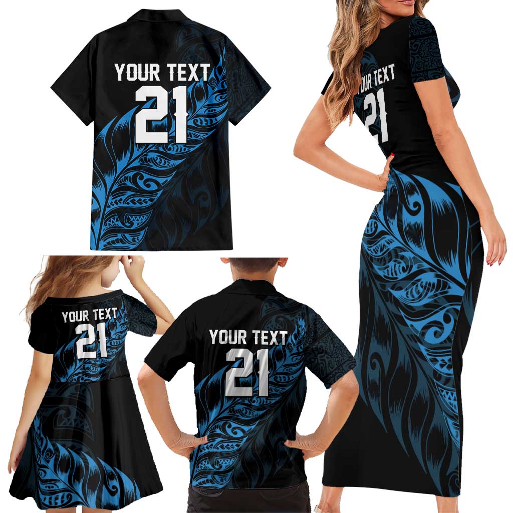 New Zealand Lawn Bowls Custom Family Matching Short Sleeve Bodycon Dress and Hawaiian Shirt Blue Maori Warrior Tribal Silver Fern - Polynesian Pride