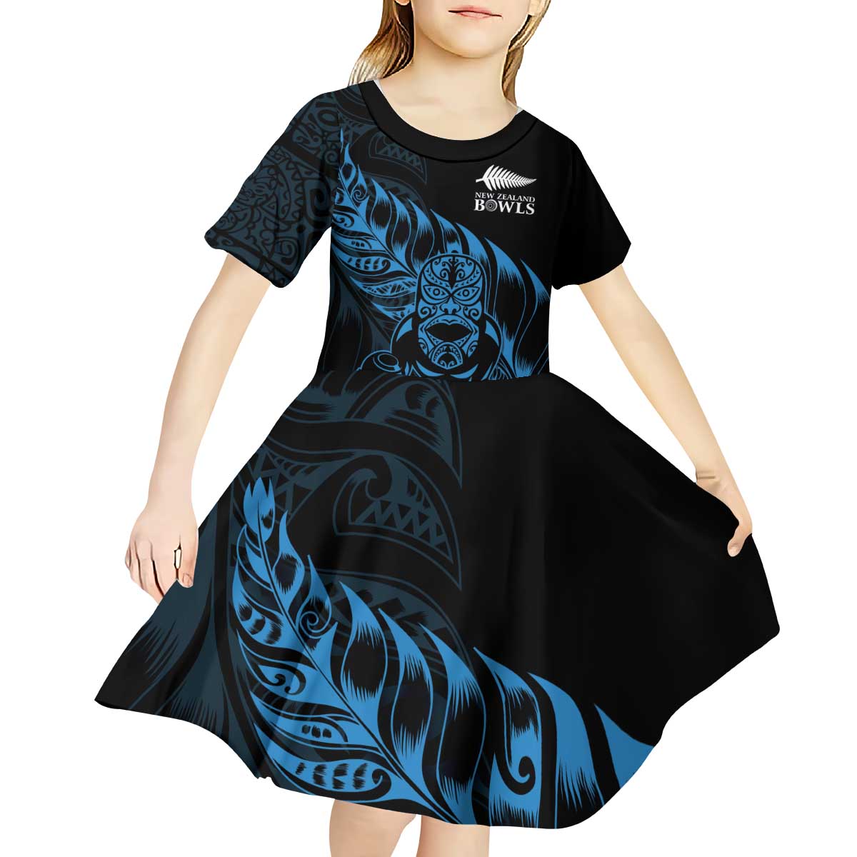 New Zealand Lawn Bowls Custom Kid Short Sleeve Dress Blue Maori Warrior Tribal Silver Fern - Polynesian Pride