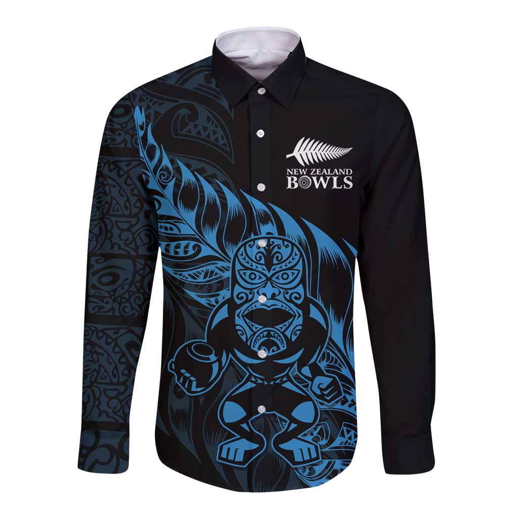 New Zealand Lawn Bowls Custom Long Sleeve Button Shirt Blue Maori Warrior Tribal Silver Fern - Polynesian Pride