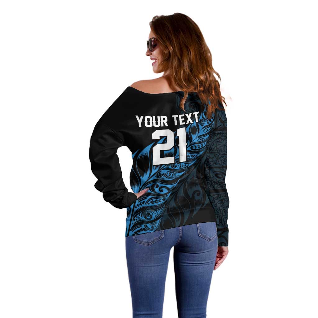 New Zealand Lawn Bowls Custom Off Shoulder Sweater Blue Maori Warrior Tribal Silver Fern - Polynesian Pride