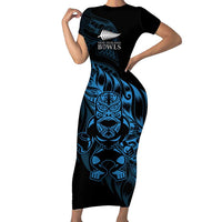 New Zealand Lawn Bowls Custom Short Sleeve Bodycon Dress Blue Maori Warrior Tribal Silver Fern - Polynesian Pride
