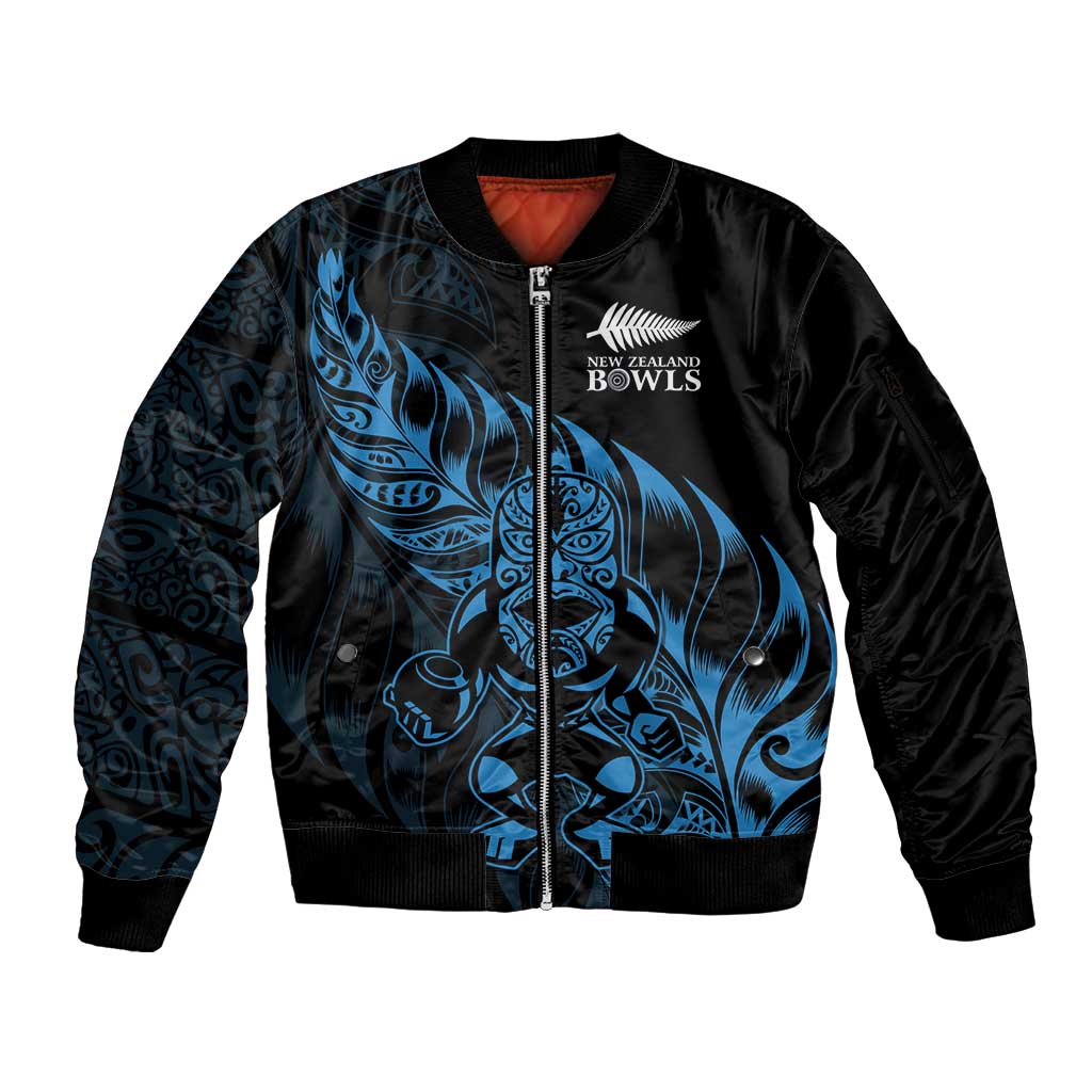 New Zealand Lawn Bowls Custom Sleeve Zip Bomber Jacket Blue Maori Warrior Tribal Silver Fern - Polynesian Pride