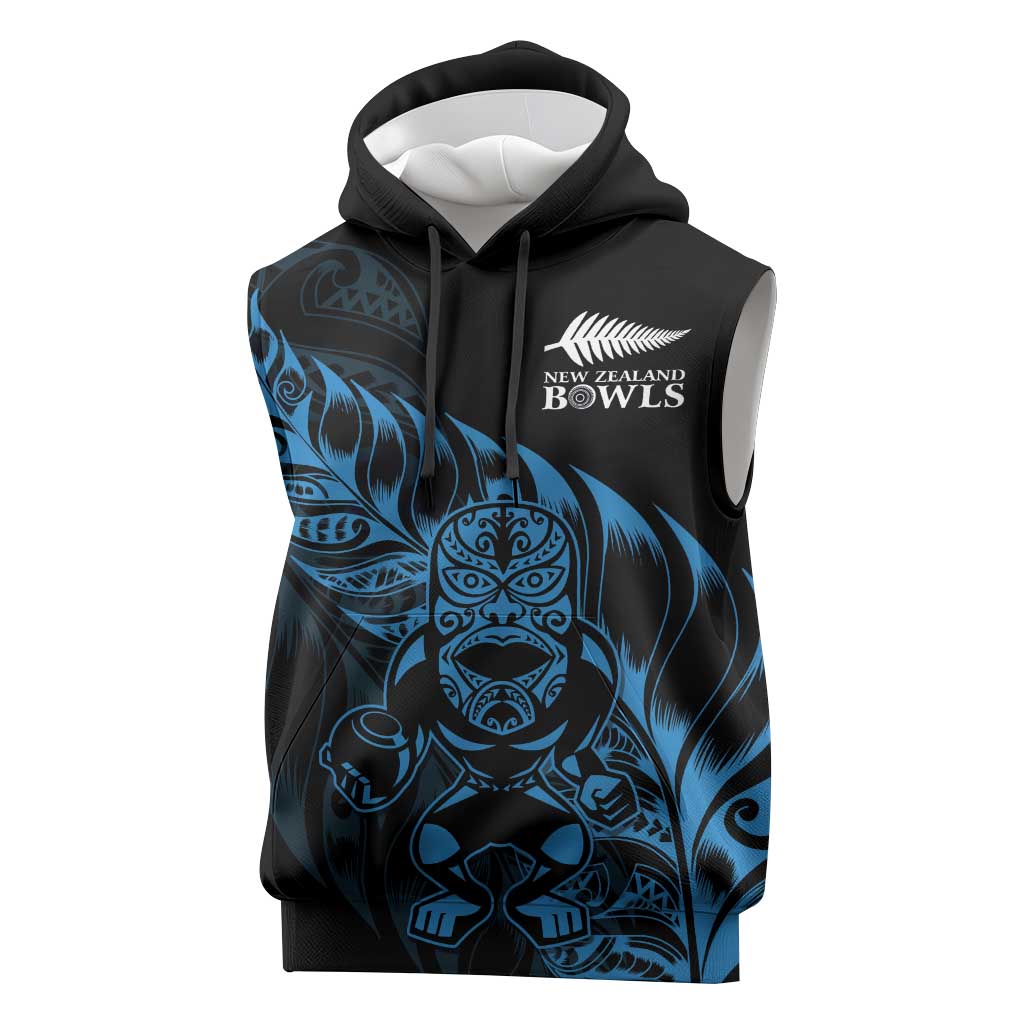 New Zealand Lawn Bowls Custom Sleeveless Hoodie Blue Maori Warrior Tribal Silver Fern - Polynesian Pride
