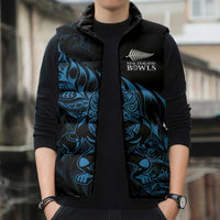 New Zealand Lawn Bowls Custom Sleeveless Puffer Jacket Blue Maori Warrior Tribal Silver Fern - Polynesian Pride