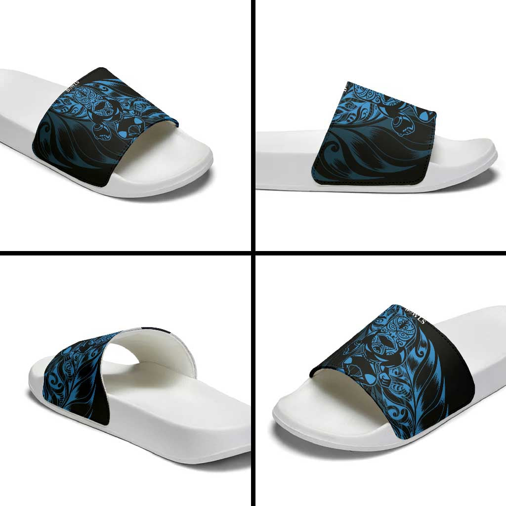 New Zealand Lawn Bowls Slide Sandals Blue Maori Warrior Tribal Silver Fern - Polynesian Pride