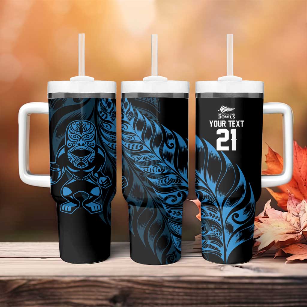 New Zealand Lawn Bowls Custom Tumbler With Handle Blue Maori Warrior Tribal Silver Fern - Polynesian Pride
