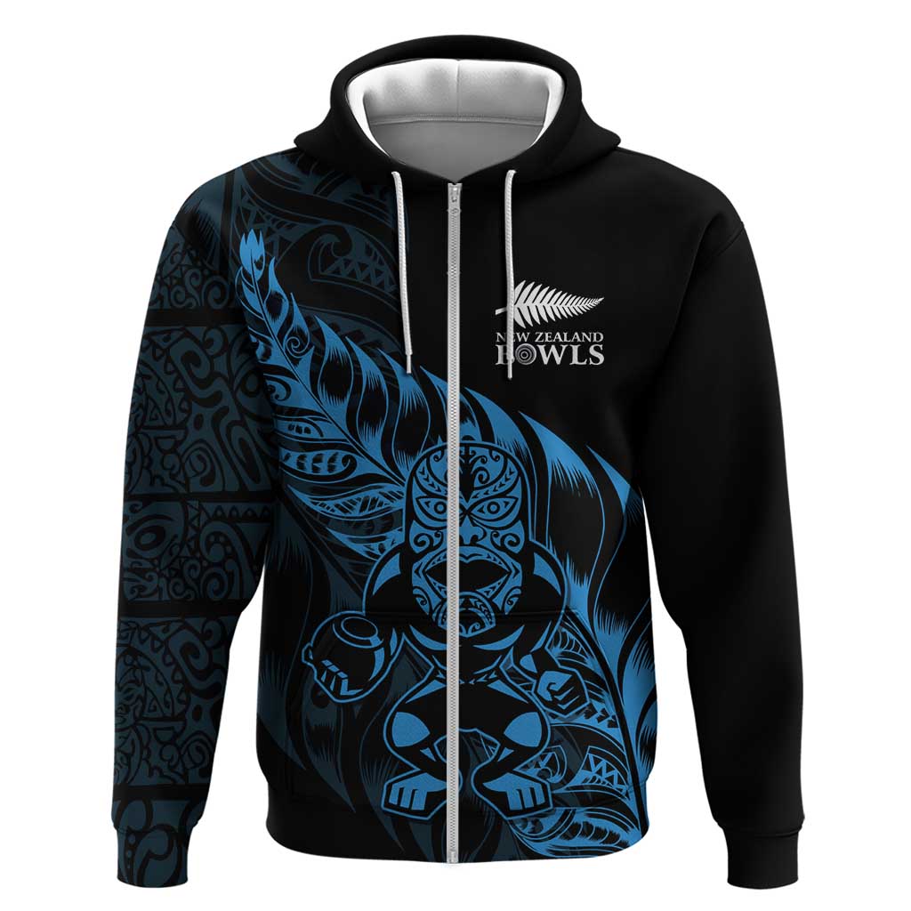 New Zealand Lawn Bowls Custom Zip Hoodie Blue Maori Warrior Tribal Silver Fern - Polynesian Pride