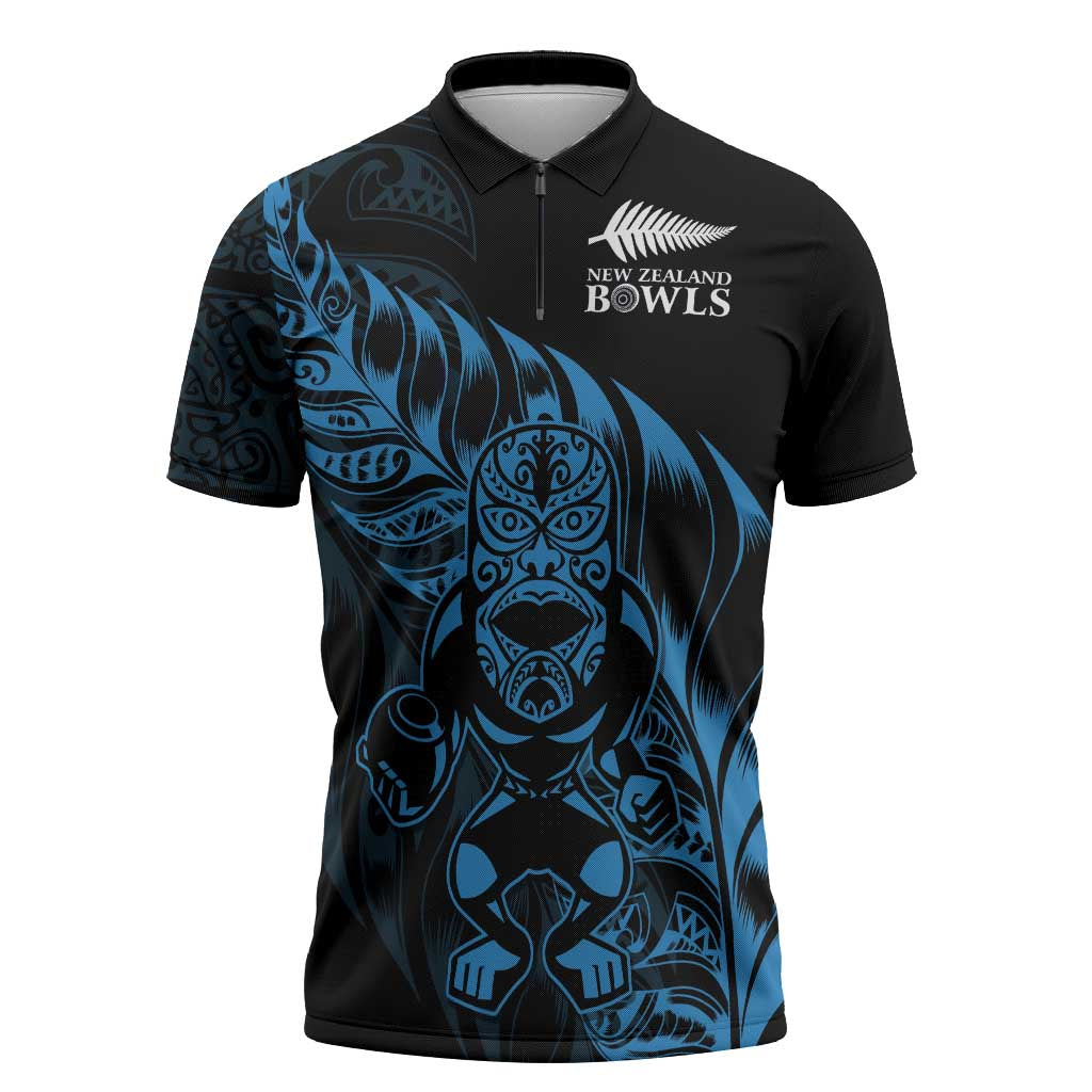New Zealand Lawn Bowls Custom Zipper Polo Shirt Blue Maori Warrior Tribal Silver Fern - Polynesian Pride