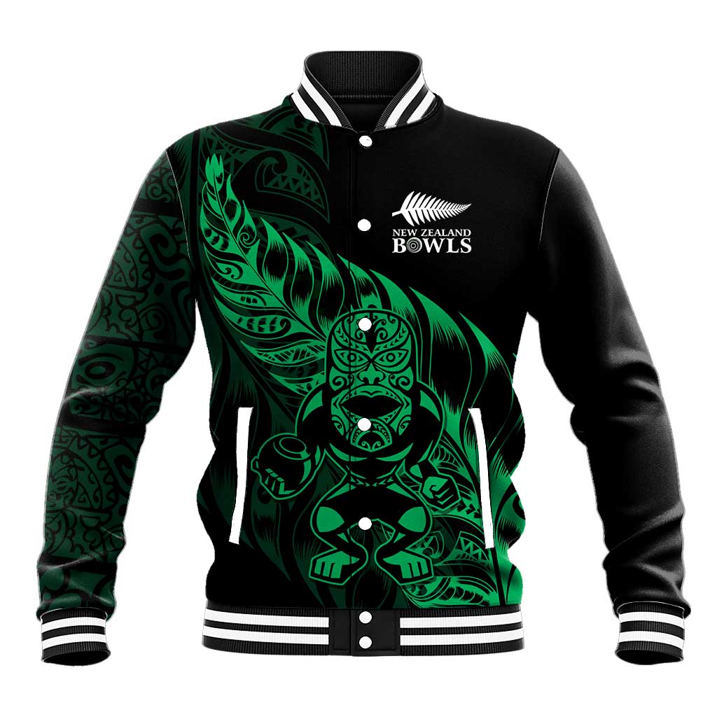 New Zealand Lawn Bowls Custom Baseball Jacket Green Maori Warrior Tribal Silver Fern - Polynesian Pride