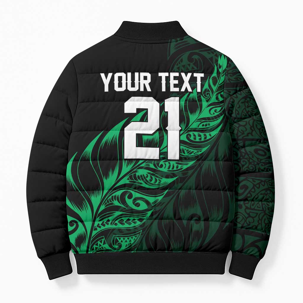 New Zealand Lawn Bowls Custom Bomber Puffer Jacket Green Maori Warrior Tribal Silver Fern - Polynesian Pride