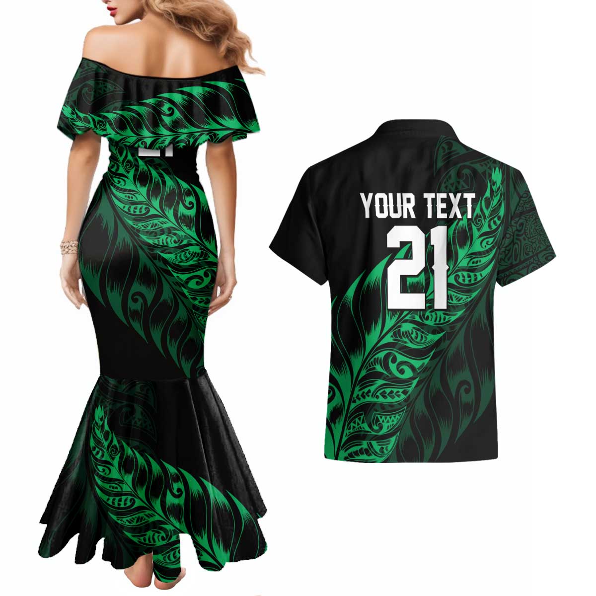 New Zealand Lawn Bowls Custom Couples Matching Mermaid Dress and Hawaiian Shirt Green Maori Warrior Tribal Silver Fern - Polynesian Pride