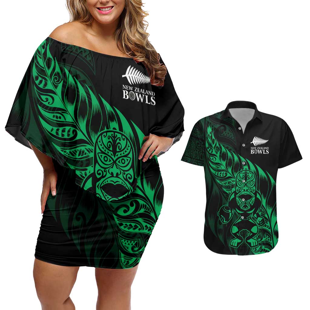 New Zealand Lawn Bowls Custom Couples Matching Off Shoulder Short Dress and Hawaiian Shirt Green Maori Warrior Tribal Silver Fern - Polynesian Pride