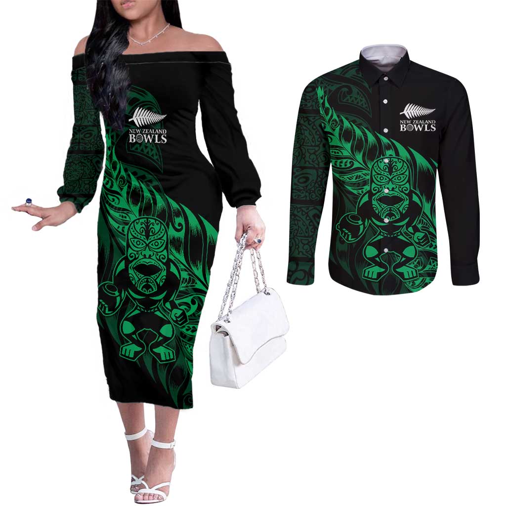 New Zealand Lawn Bowls Custom Couples Matching Off The Shoulder Long Sleeve Dress and Long Sleeve Button Shirt Green Maori Warrior Tribal Silver Fern - Polynesian Pride