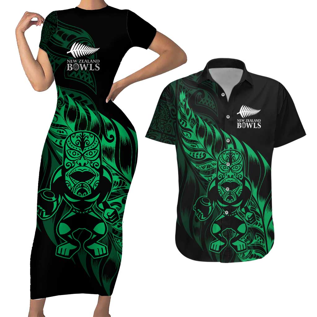 New Zealand Lawn Bowls Custom Couples Matching Short Sleeve Bodycon Dress and Hawaiian Shirt Green Maori Warrior Tribal Silver Fern - Polynesian Pride