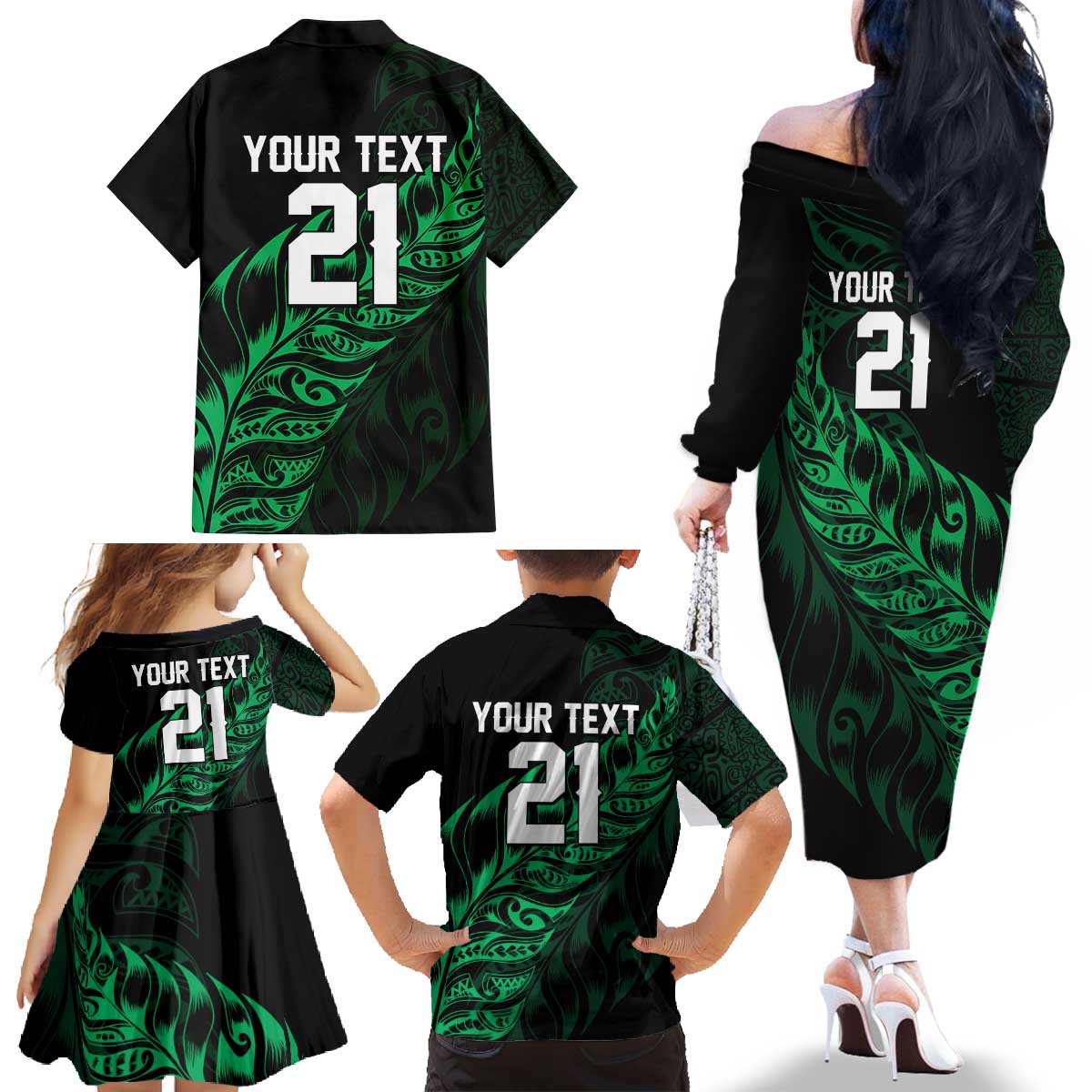 New Zealand Lawn Bowls Custom Family Matching Off The Shoulder Long Sleeve Dress and Hawaiian Shirt Green Maori Warrior Tribal Silver Fern - Polynesian Pride
