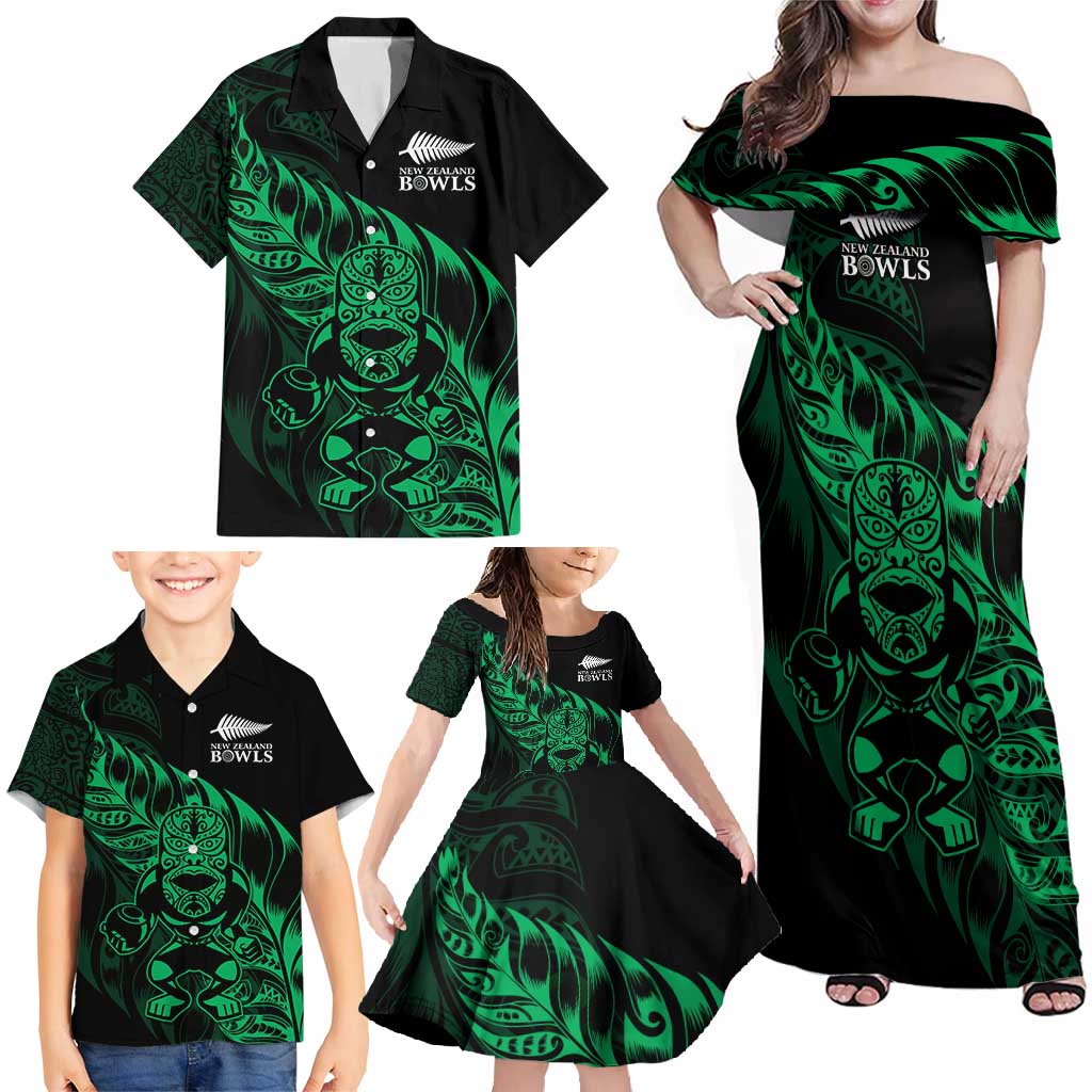 New Zealand Lawn Bowls Custom Family Matching Off Shoulder Maxi Dress and Hawaiian Shirt Green Maori Warrior Tribal Silver Fern - Polynesian Pride