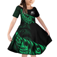 New Zealand Lawn Bowls Custom Family Matching Off Shoulder Short Dress and Hawaiian Shirt Green Maori Warrior Tribal Silver Fern - Polynesian Pride