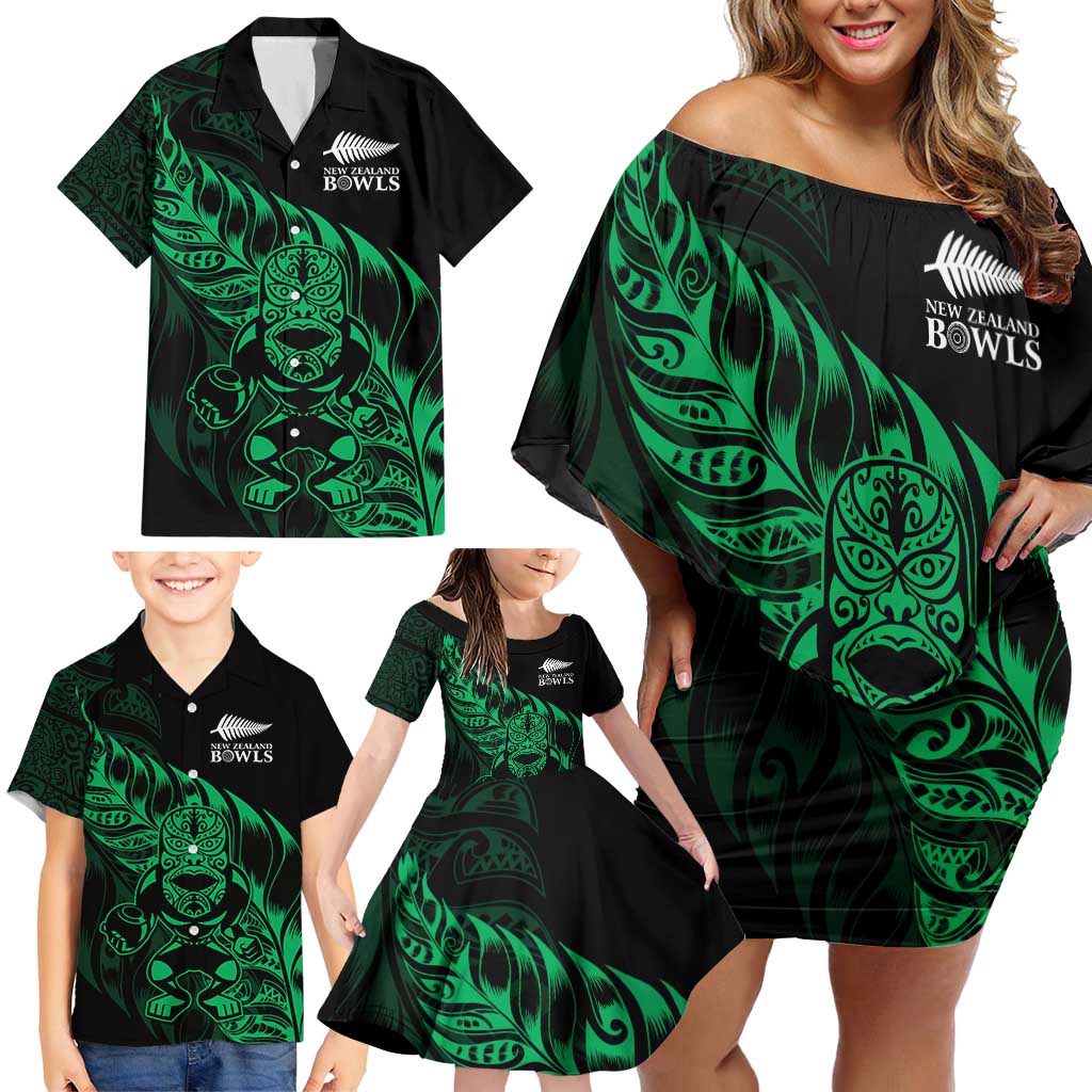 New Zealand Lawn Bowls Custom Family Matching Off Shoulder Short Dress and Hawaiian Shirt Green Maori Warrior Tribal Silver Fern - Polynesian Pride