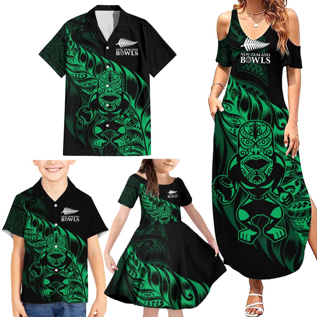New Zealand Lawn Bowls Custom Family Matching Summer Maxi Dress and Hawaiian Shirt Green Maori Warrior Tribal Silver Fern - Polynesian Pride