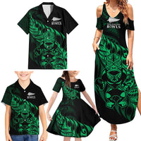 New Zealand Lawn Bowls Custom Family Matching Summer Maxi Dress and Hawaiian Shirt Green Maori Warrior Tribal Silver Fern - Polynesian Pride