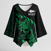 New Zealand Lawn Bowls Custom Kimono Sleeve Blouse Green Maori Warrior Tribal Silver Fern - Polynesian Pride