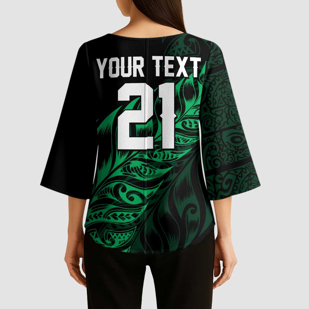 New Zealand Lawn Bowls Custom Kimono Sleeve Blouse Green Maori Warrior Tribal Silver Fern - Polynesian Pride