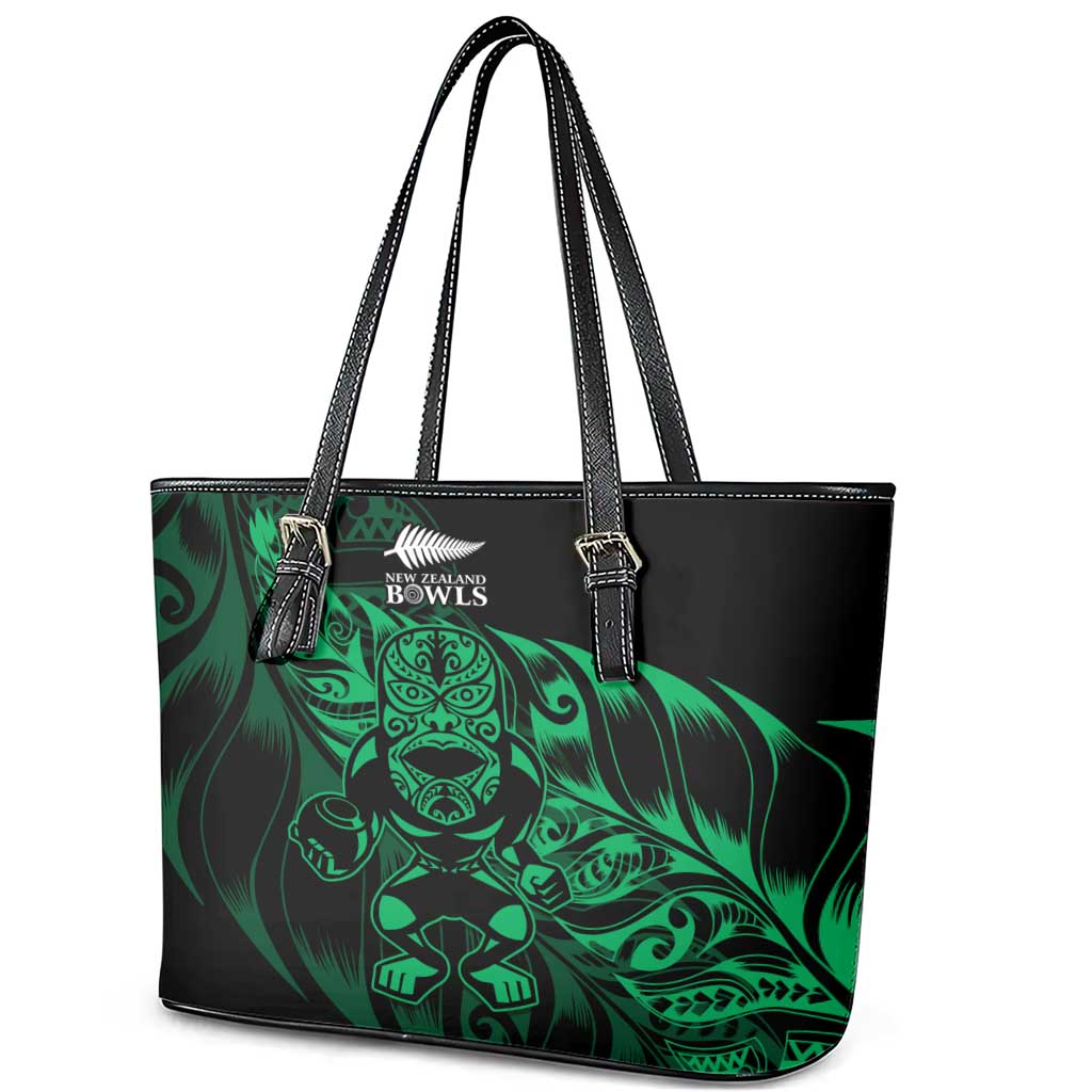 New Zealand Lawn Bowls Leather Tote Bag Green Maori Warrior Tribal Silver Fern - Polynesian Pride