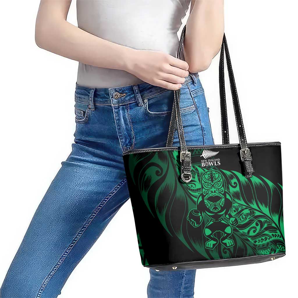 New Zealand Lawn Bowls Leather Tote Bag Green Maori Warrior Tribal Silver Fern - Polynesian Pride