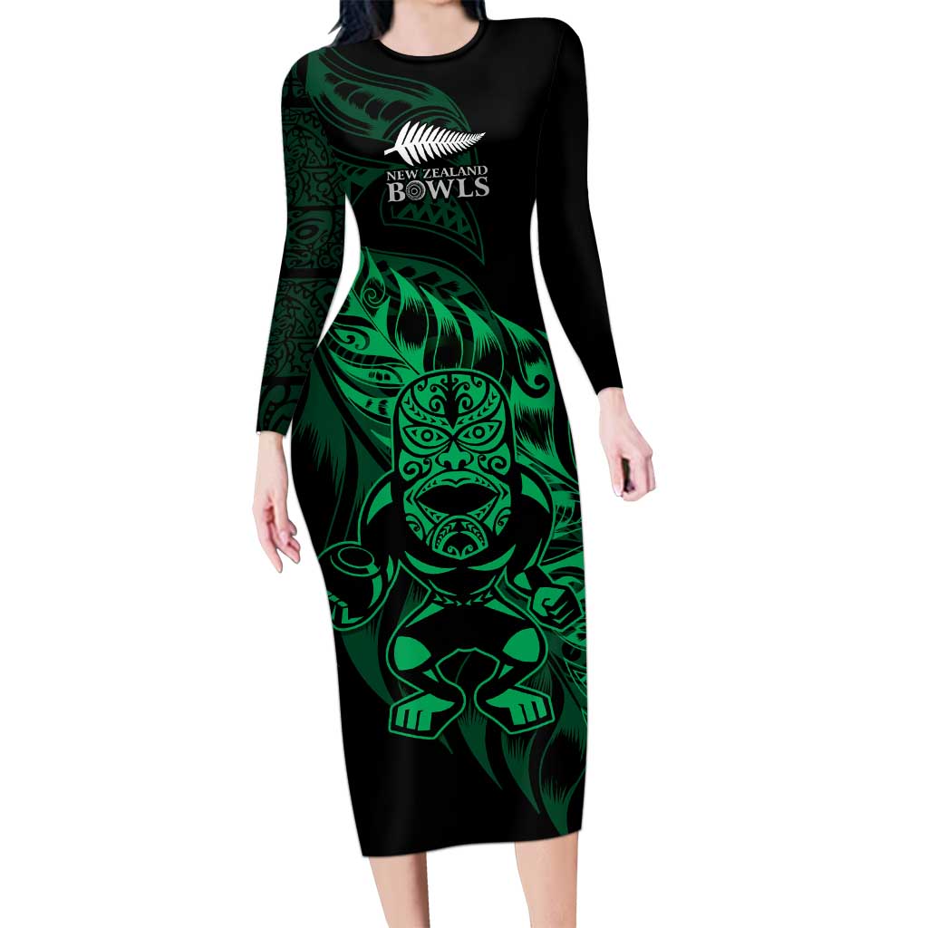 New Zealand Lawn Bowls Custom Long Sleeve Bodycon Dress Green Maori Warrior Tribal Silver Fern - Polynesian Pride