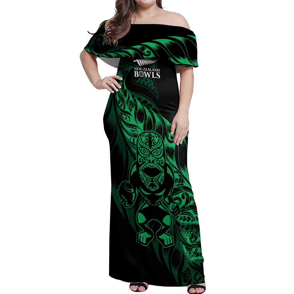 New Zealand Lawn Bowls Custom Off Shoulder Maxi Dress Green Maori Warrior Tribal Silver Fern - Polynesian Pride