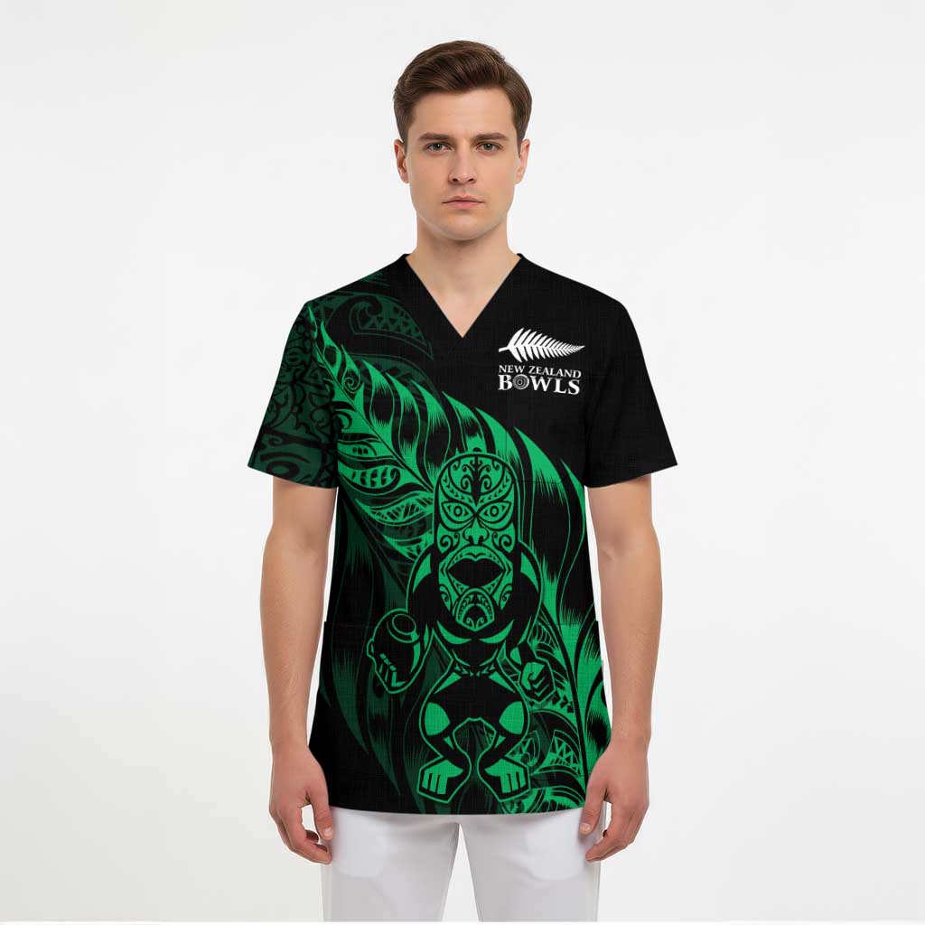 New Zealand Lawn Bowls Custom Scrub Top Green Maori Warrior Tribal Silver Fern - Polynesian Pride
