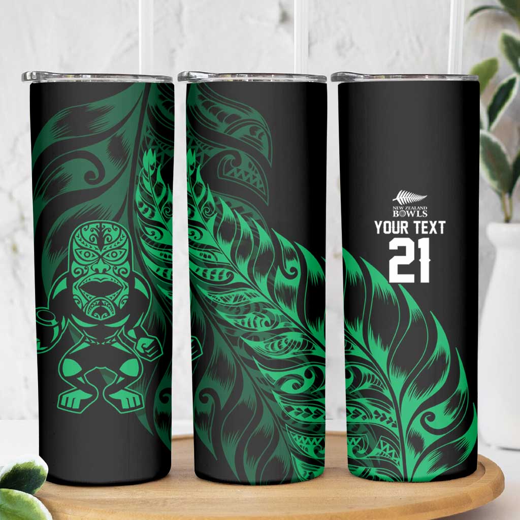 New Zealand Lawn Bowls Custom Skinny Tumbler Green Maori Warrior Tribal Silver Fern - Polynesian Pride