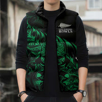 New Zealand Lawn Bowls Custom Sleeveless Puffer Jacket Green Maori Warrior Tribal Silver Fern - Polynesian Pride