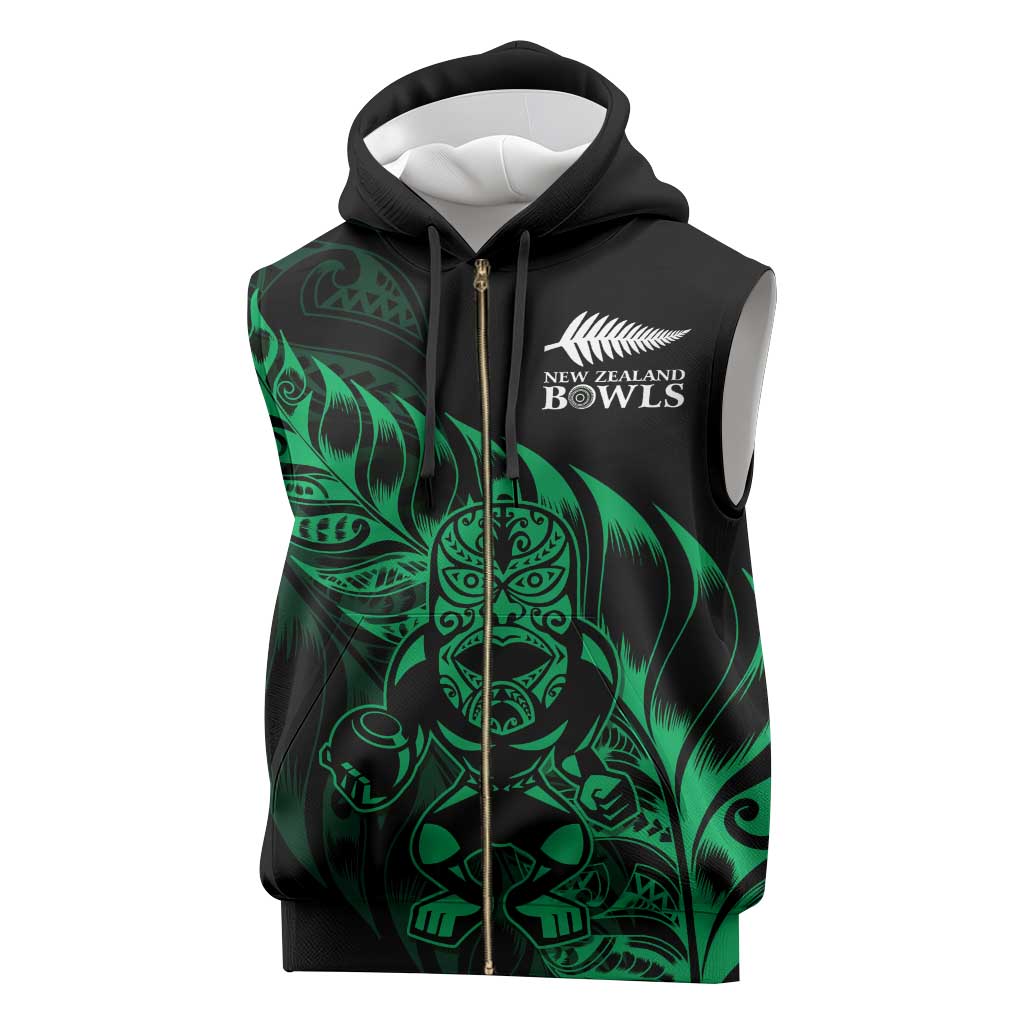 New Zealand Lawn Bowls Custom Sleeveless Zip Hoodie Green Maori Warrior Tribal Silver Fern - Polynesian Pride