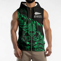 New Zealand Lawn Bowls Custom Sleeveless Zip Hoodie Green Maori Warrior Tribal Silver Fern - Polynesian Pride