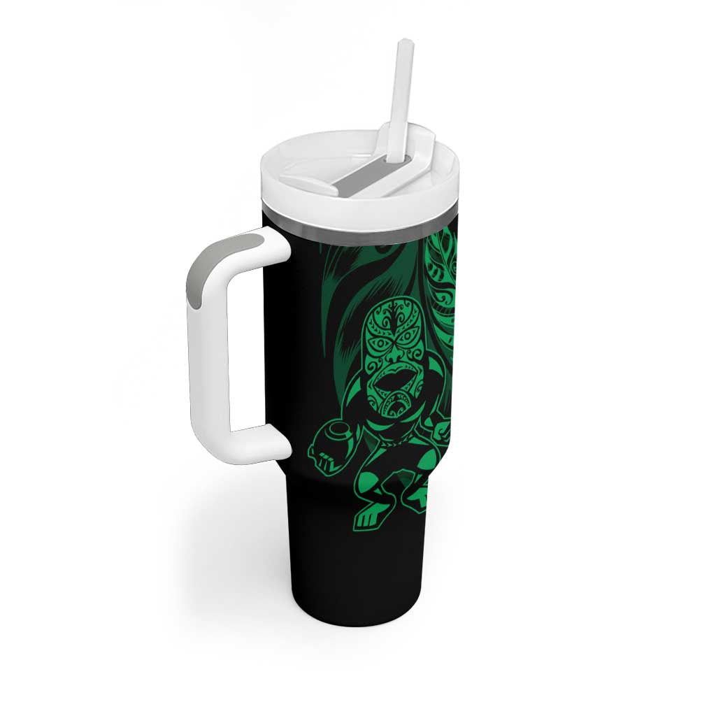 New Zealand Lawn Bowls Custom Tumbler With Handle Green Maori Warrior Tribal Silver Fern - Polynesian Pride