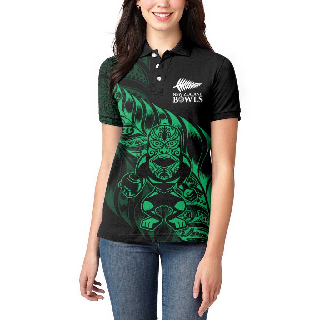 New Zealand Lawn Bowls Custom Women Polo Shirt Green Maori Warrior Tribal Silver Fern - Polynesian Pride