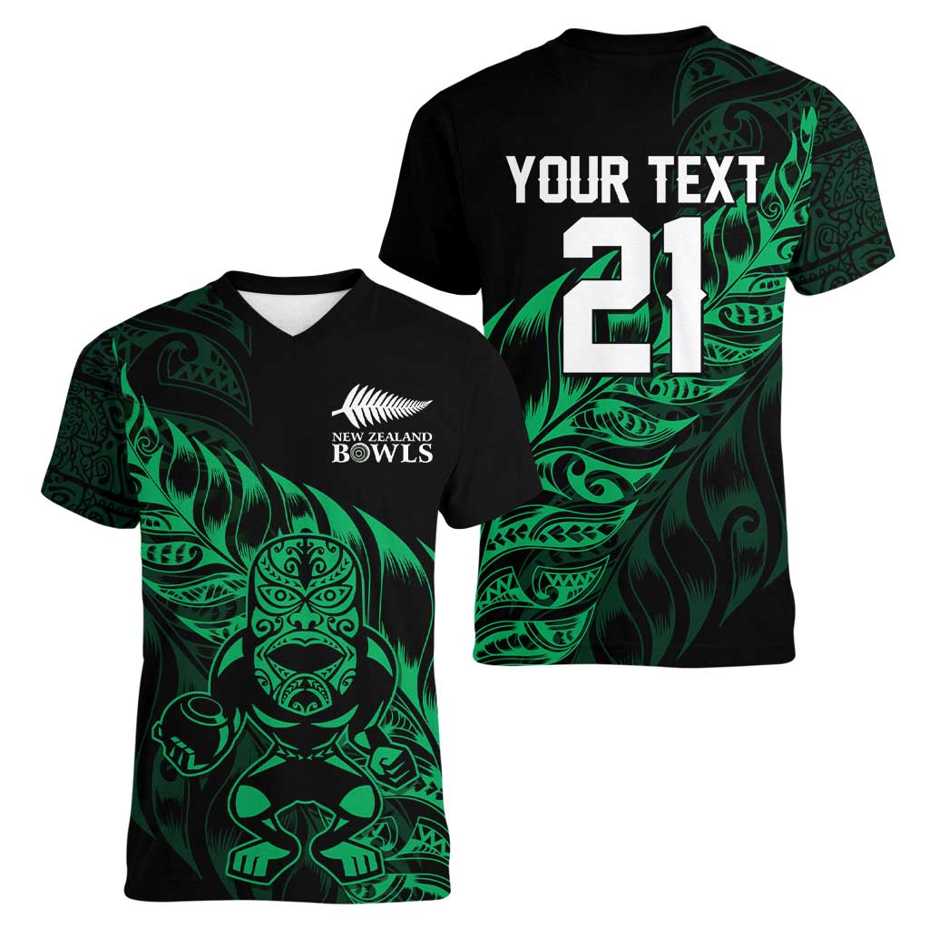 New Zealand Lawn Bowls Custom Women V-Neck T-Shirt Green Maori Warrior Tribal Silver Fern - Polynesian Pride