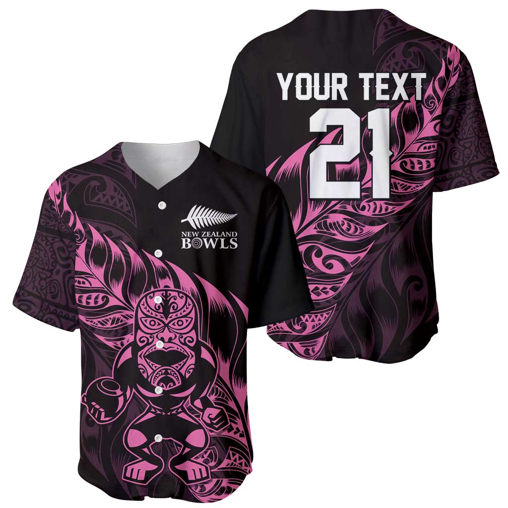 New Zealand Lawn Bowls Custom Baseball Jersey Pink Maori Warrior Tribal Silver Fern - Polynesian Pride